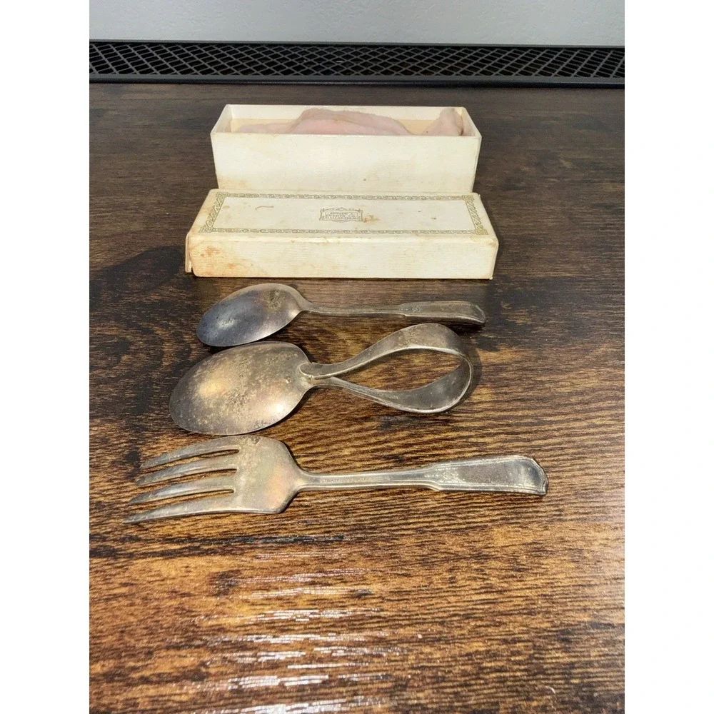 Vintage Arthur A Everts Co Dallas TX Child Silverplate Spoon Fork Baby Set W Box